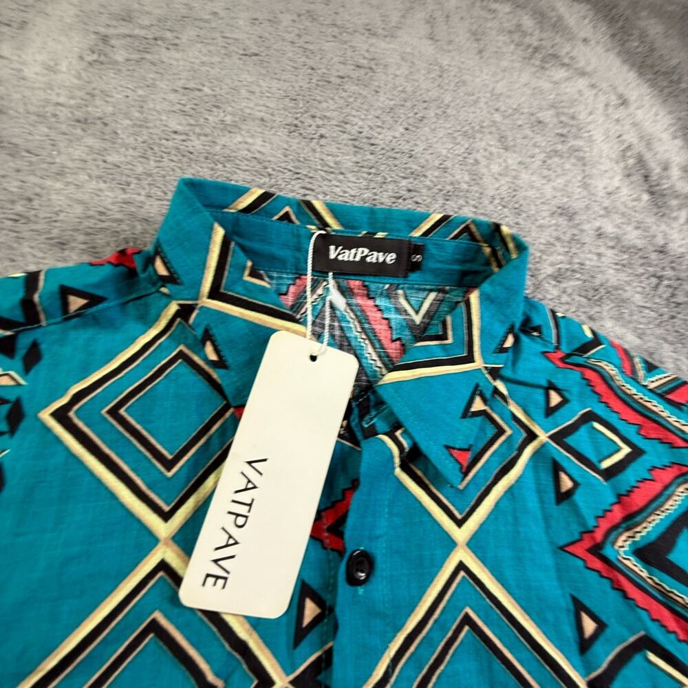 VatPave Men's S Cotton Blend Button Up Shirt Tribal Geometric Blue Collared - Picture 4 of 5